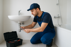 Sanitärinstallation Augsburg – Monteur beim Anschließen von Waschbecken