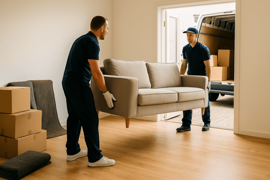 Entrümpelung Augsburg – Zwei Mitarbeiter tragen Couch ins Fahrzeug